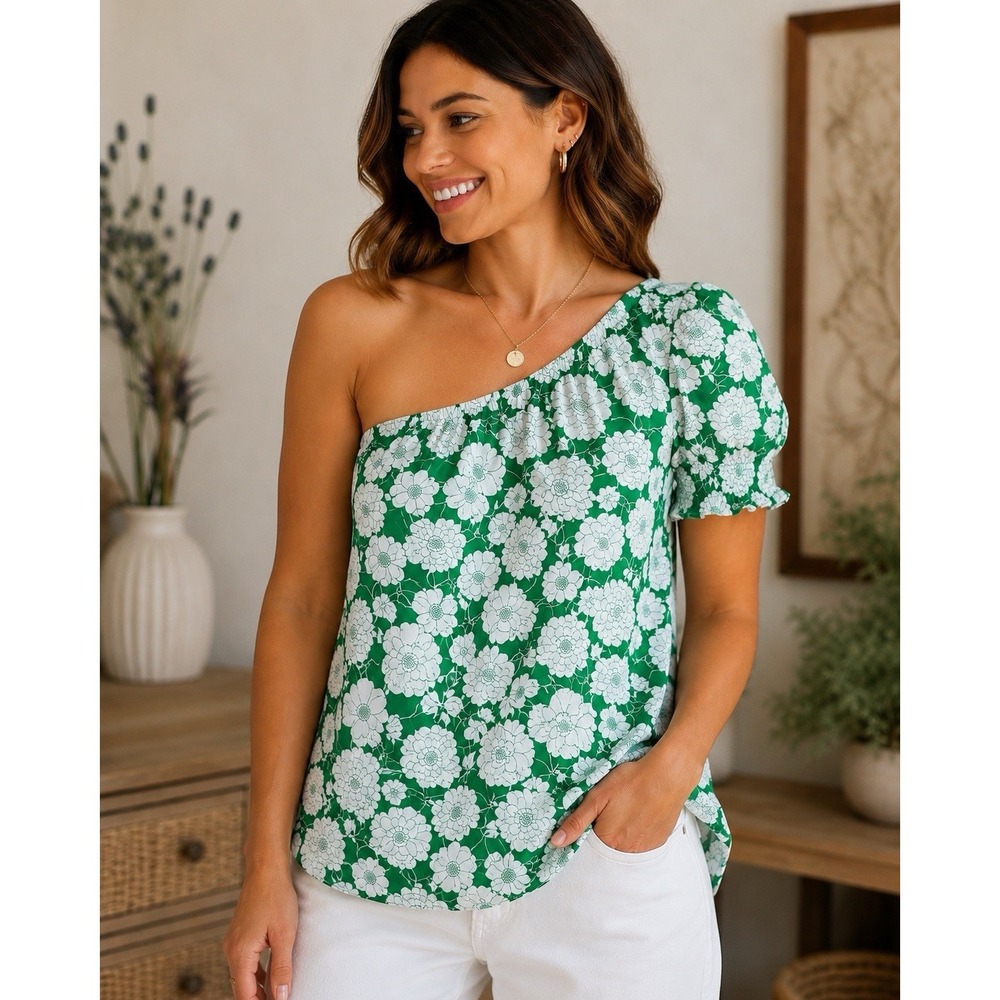 J.Crew S Green White Floral Off Shoulder Smocked Short Sleeve Blouse Top